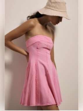 Rare! Anthro Pilcro pink Strapless seamed fray hem A-Line cotton Dress XS/S